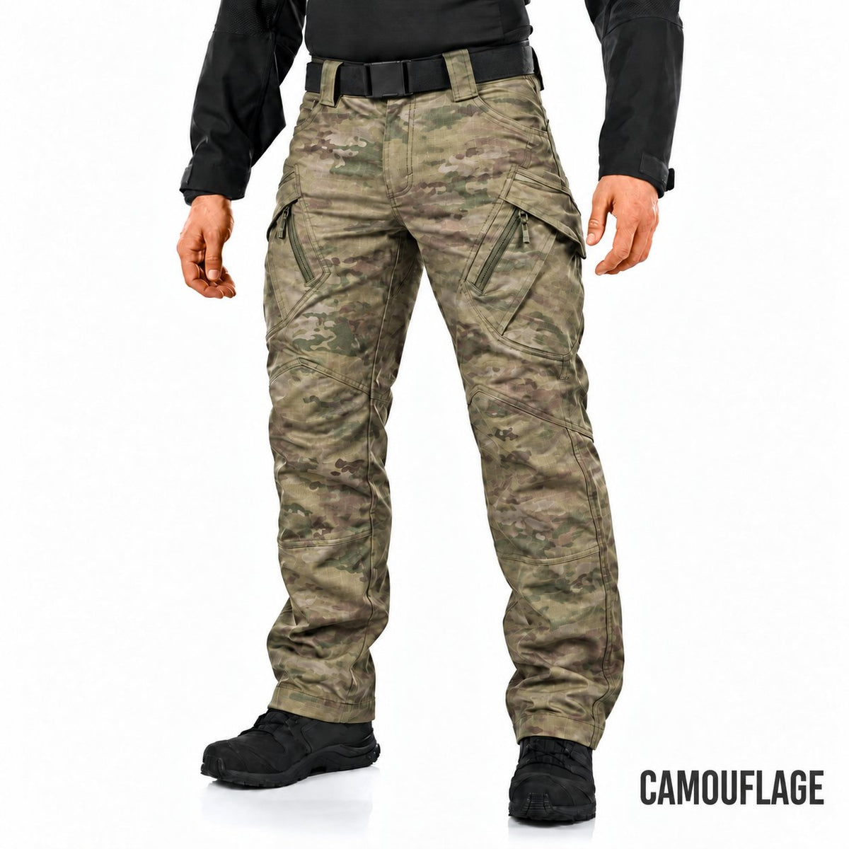 Ranger cargo pants in Camouflage with CAMOUFLAGE in Oswald at the bottom right on a white studio background.