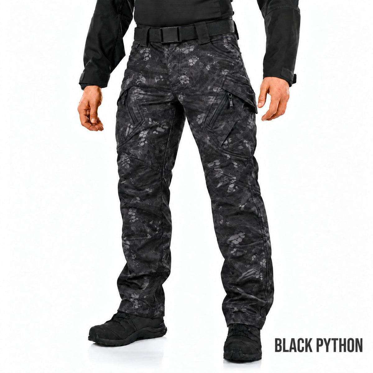 Ranger cargo pants in Black Python with BLACK PYTHON in Oswald at the bottom right on a white studio background.