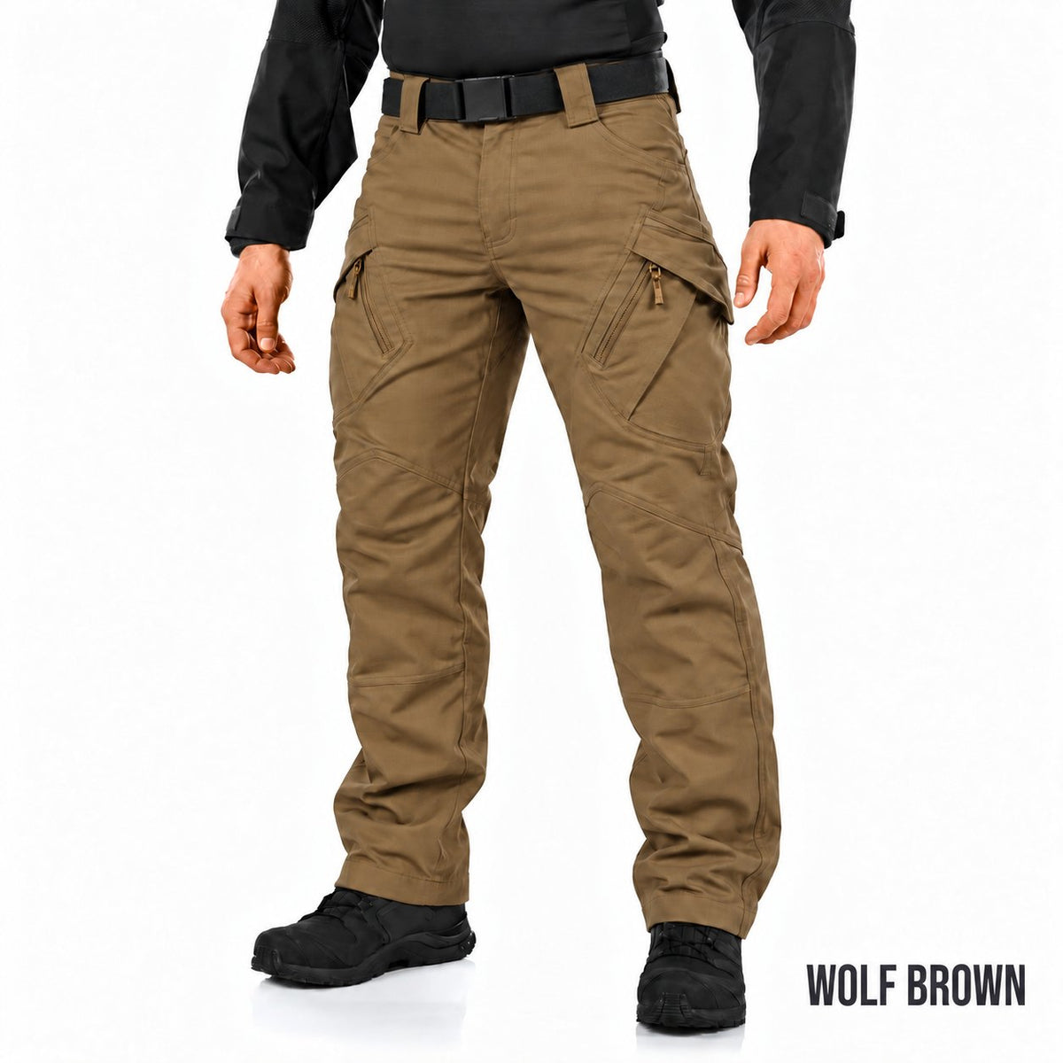 Ranger cargo pants in Wolf Brown with WOLF BROWN in Oswald at the bottom right on a white studio background.
