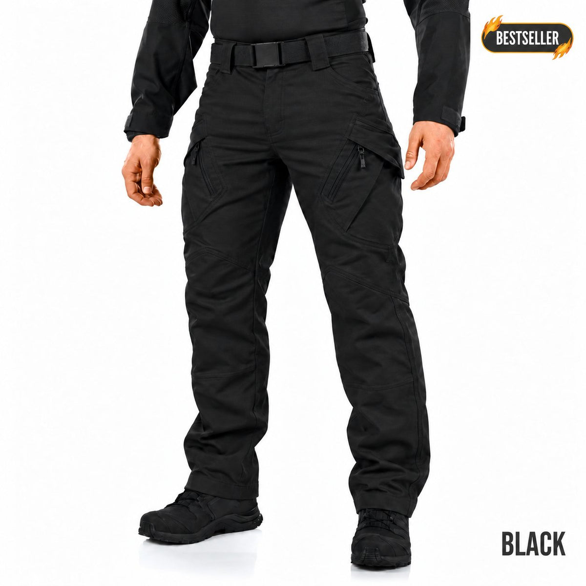 Ranger cargo pants in Black with a BLACK color label at the bottom right and a subtle flaming BESTSELLER badge at the top right.