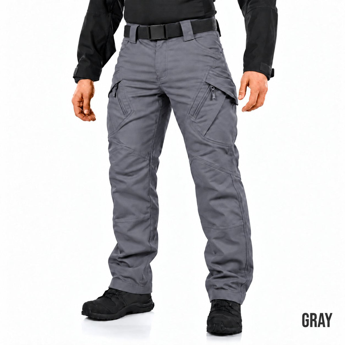 Ranger cargo pants in Gray with GRAY in Oswald at the bottom right on a white studio background.