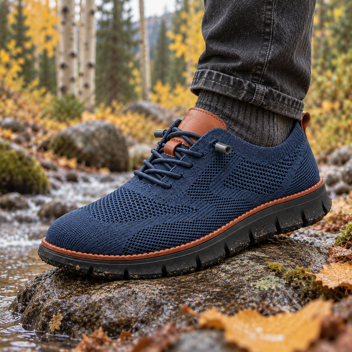 Aspen Lightweight Knit Sneakers worn outdoors in an autumn landscape.