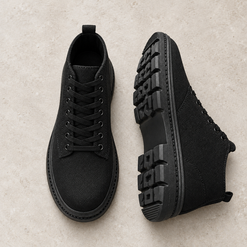 A pair of black canvas high top boots on pale limestone, showing the upper and sole.