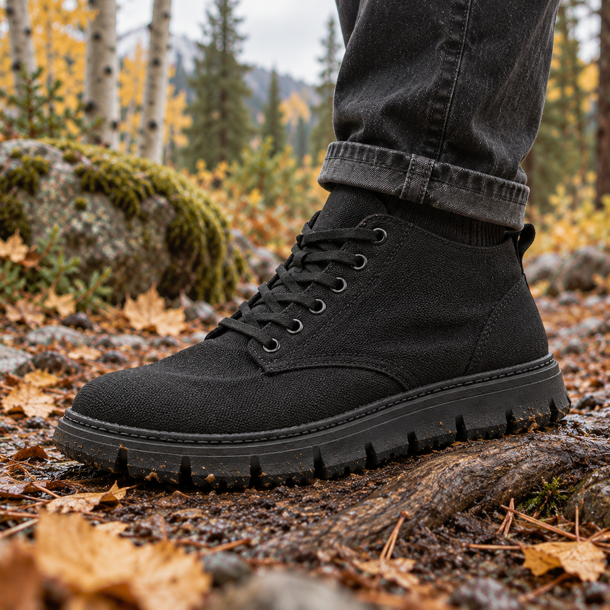 Blackwood Height Increasing Boots worn outdoors in an autumn landscape.