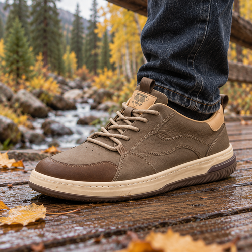 Boulder Casual Leather Sneakers worn outdoors in an autumn landscape.