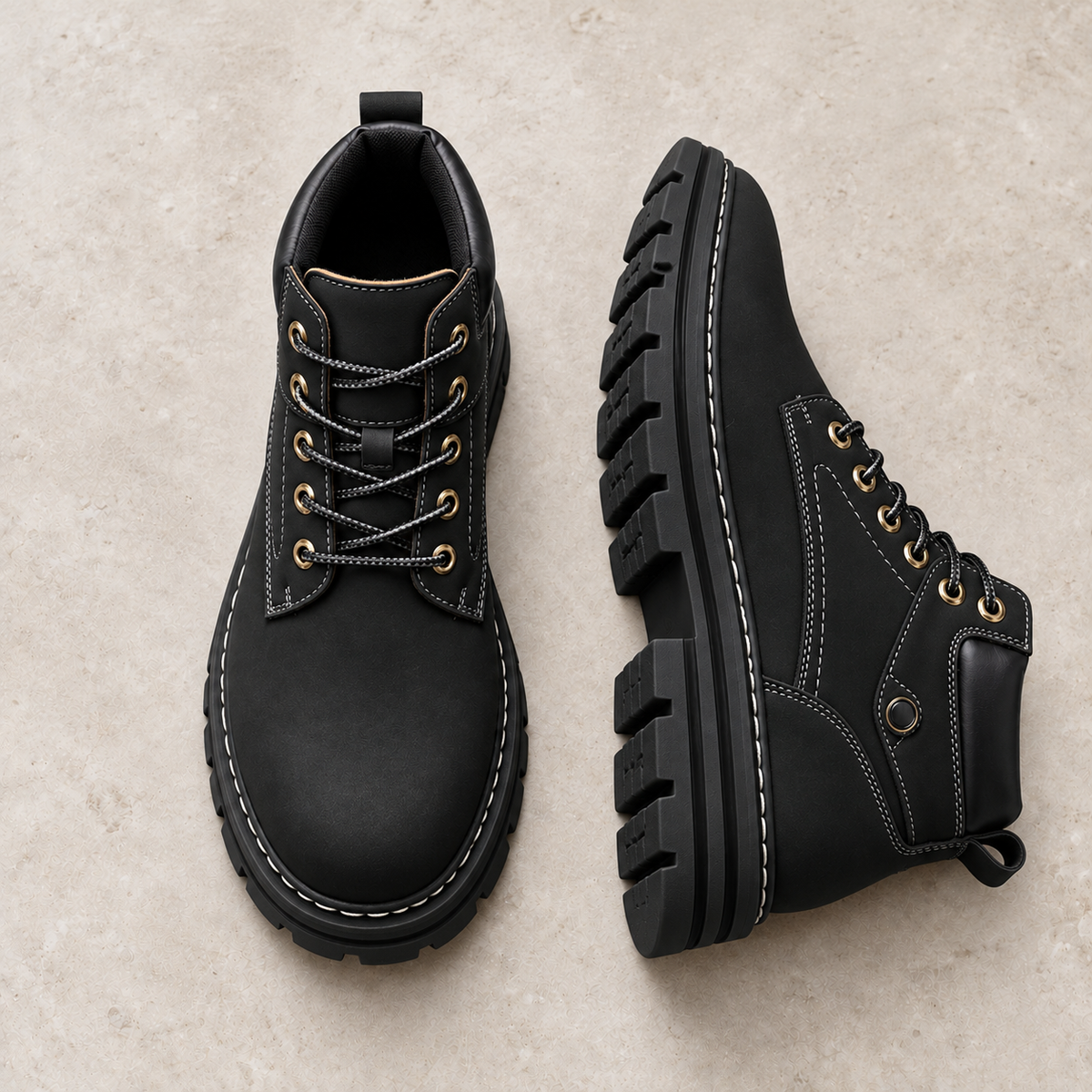 Alpine Ridge Ironwood Black footwear on warm limestone, paired with side and outsole visible