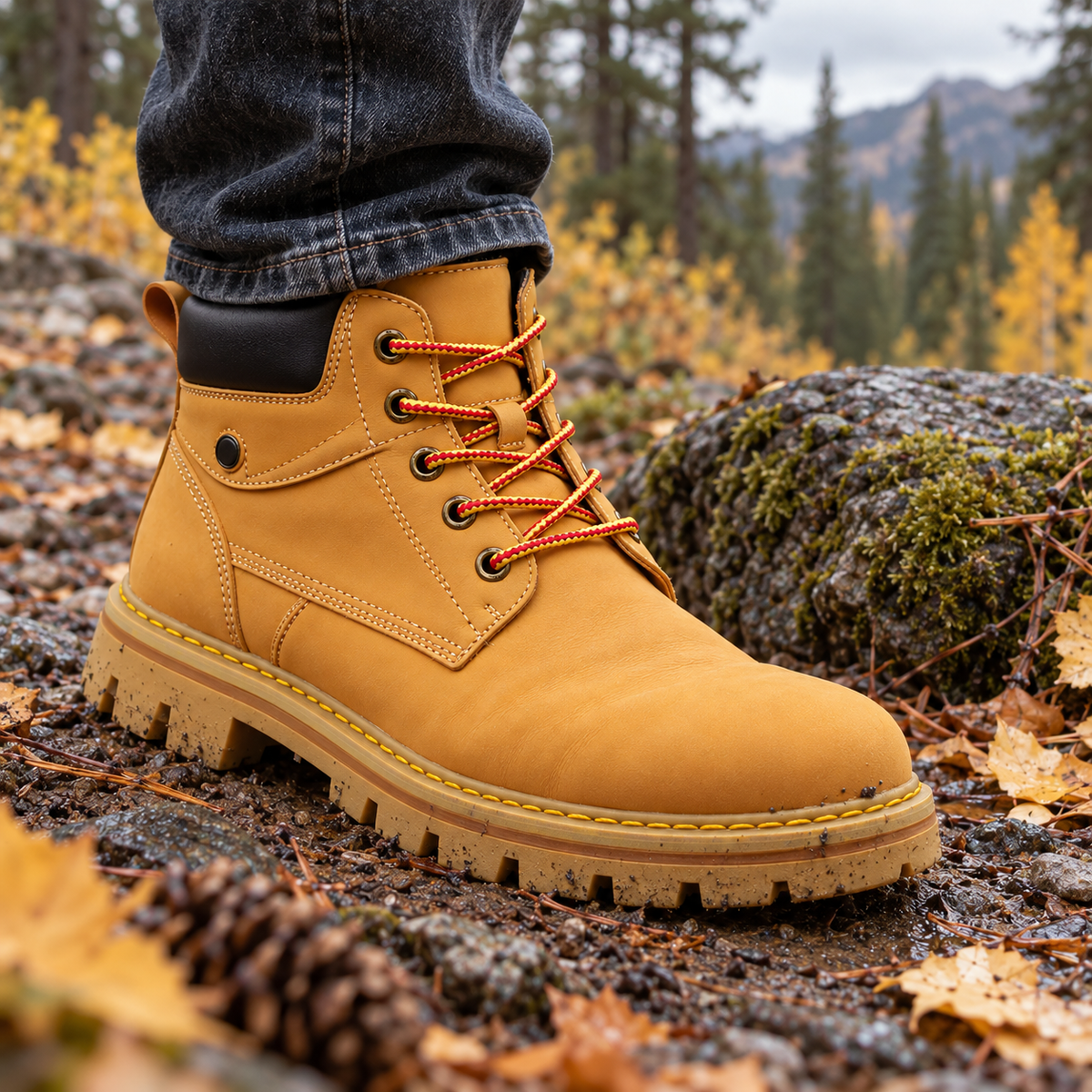 Ironwood Leather Work Boots worn outdoors in an autumn landscape.