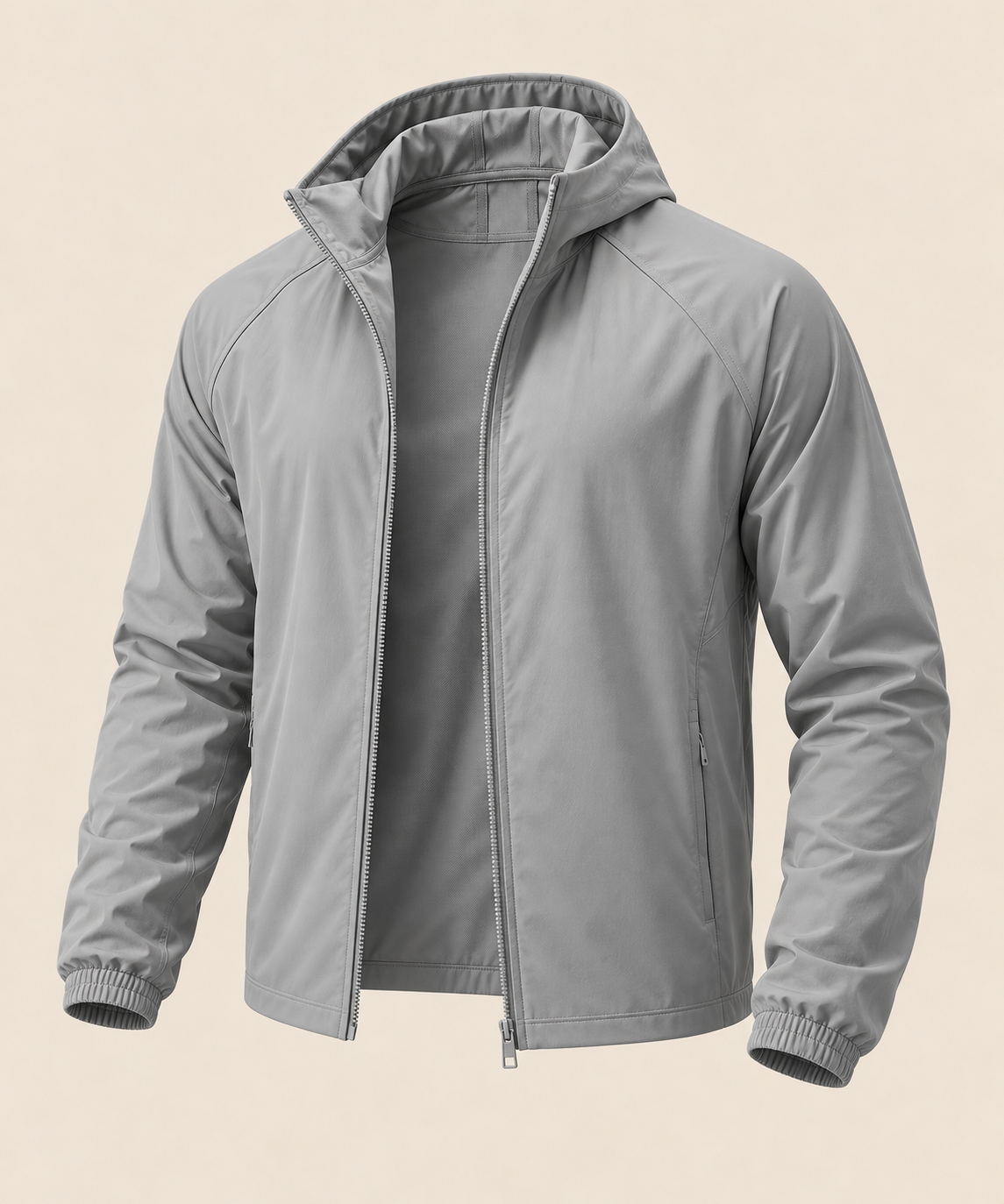 Casual running fitness jacket in Gray, open front on beige background