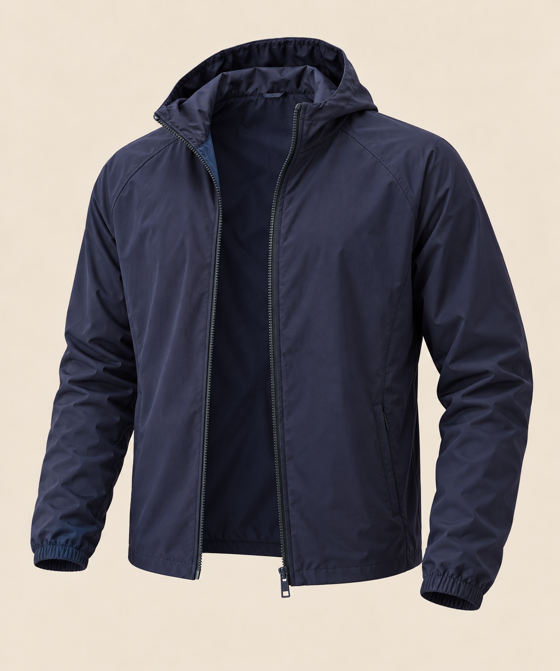 Casual running fitness jacket in Navy blue, open front on beige background