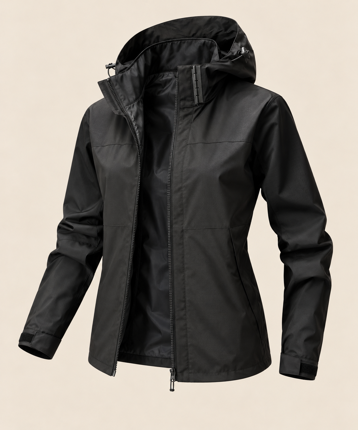 Waterproof Breathable Outdoor Jacket in Female black, open front on beige background
