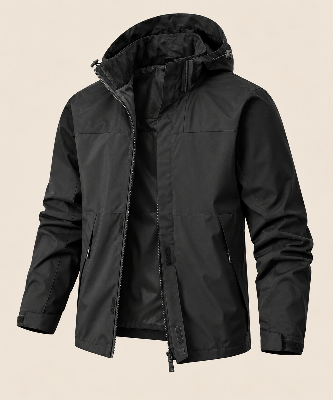 Waterproof Breathable Outdoor Jacket in Male black, open front on beige background