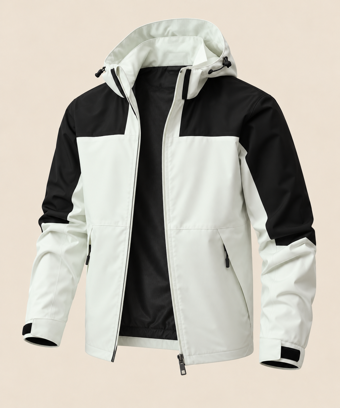 Waterproof Breathable Outdoor Jacket in Male off-white, open front on beige background