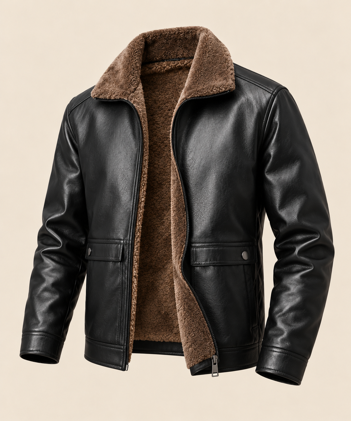 Winter padded and thickened leather coat for men in Black B104, open front on beige background