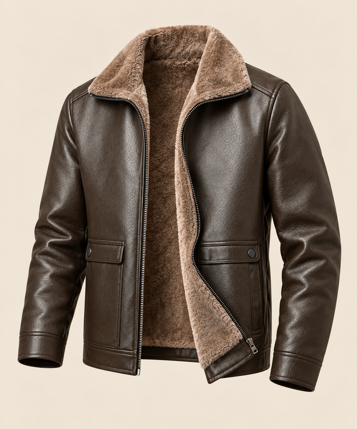 Winter padded and thickened leather coat for men in Brown B104, open front on beige background