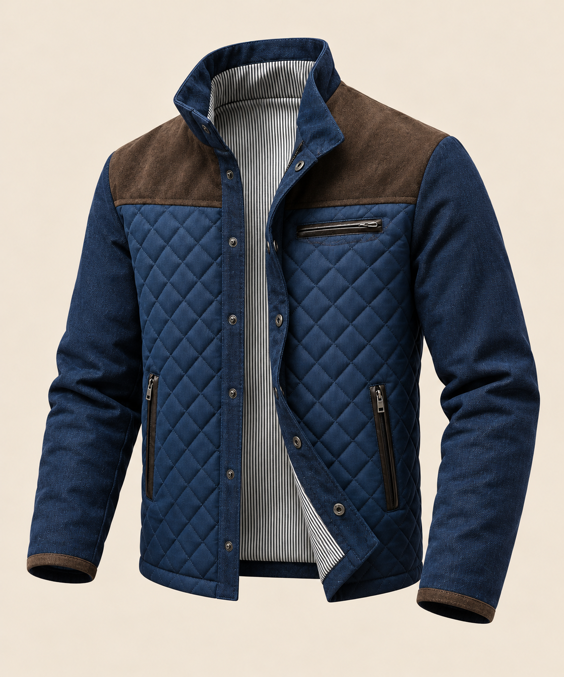 Stand Collar Long Sleeve Jacket in Coffee Blue, open front on beige background