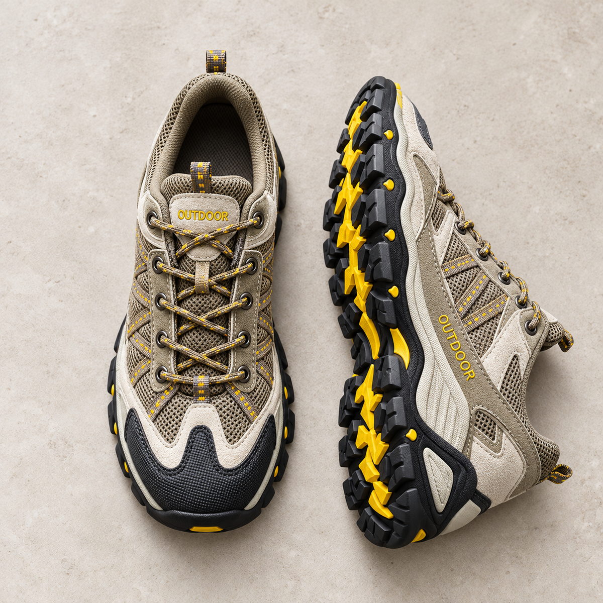 A pair of khaki hiking shoes with yellow accents on pale limestone, showing the upper and sole.