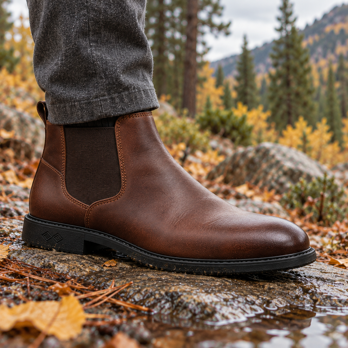 Northwood Winter Chelsea Boots worn outdoors in an autumn landscape.