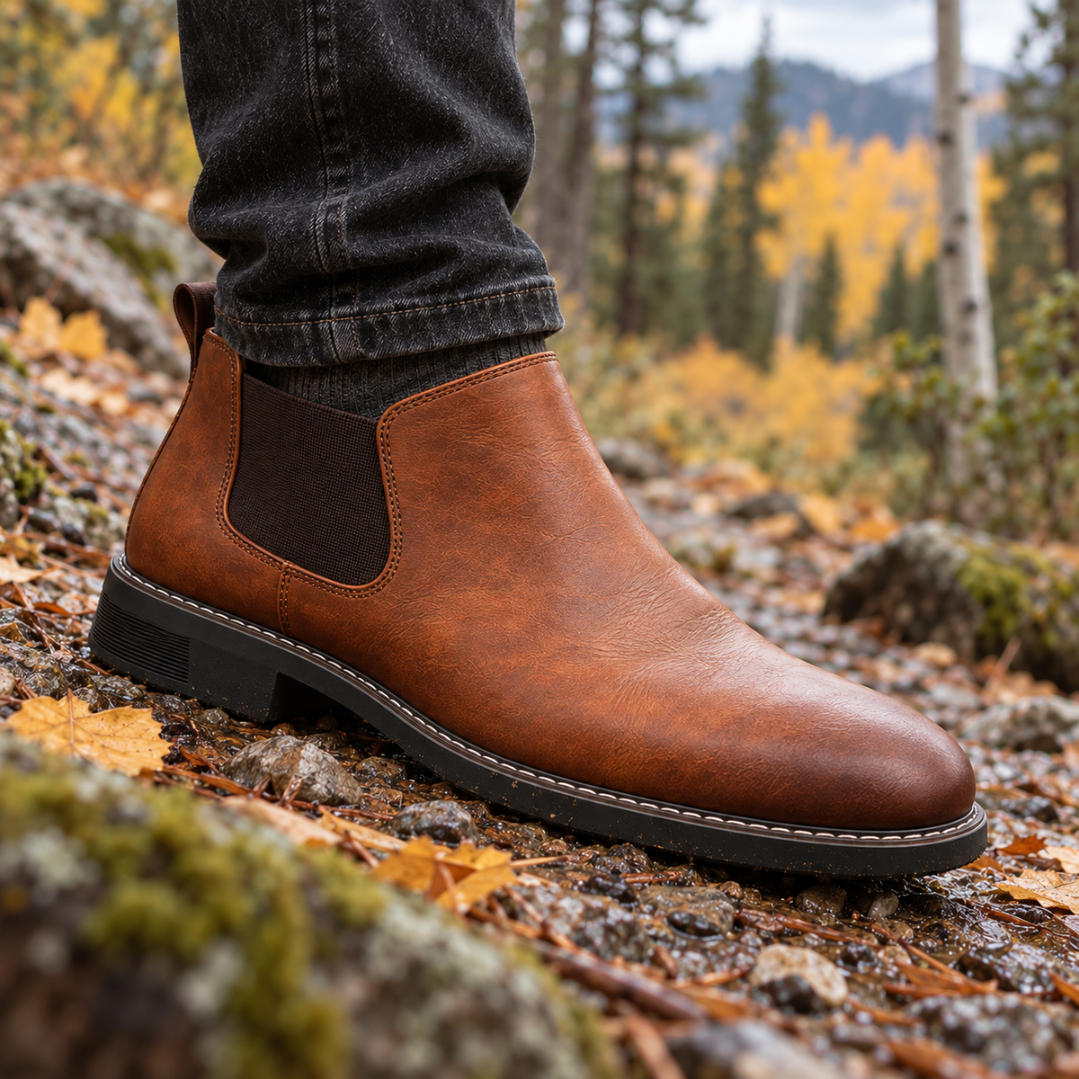 Oakridge Classic Chelsea Boots worn outdoors in an autumn landscape.