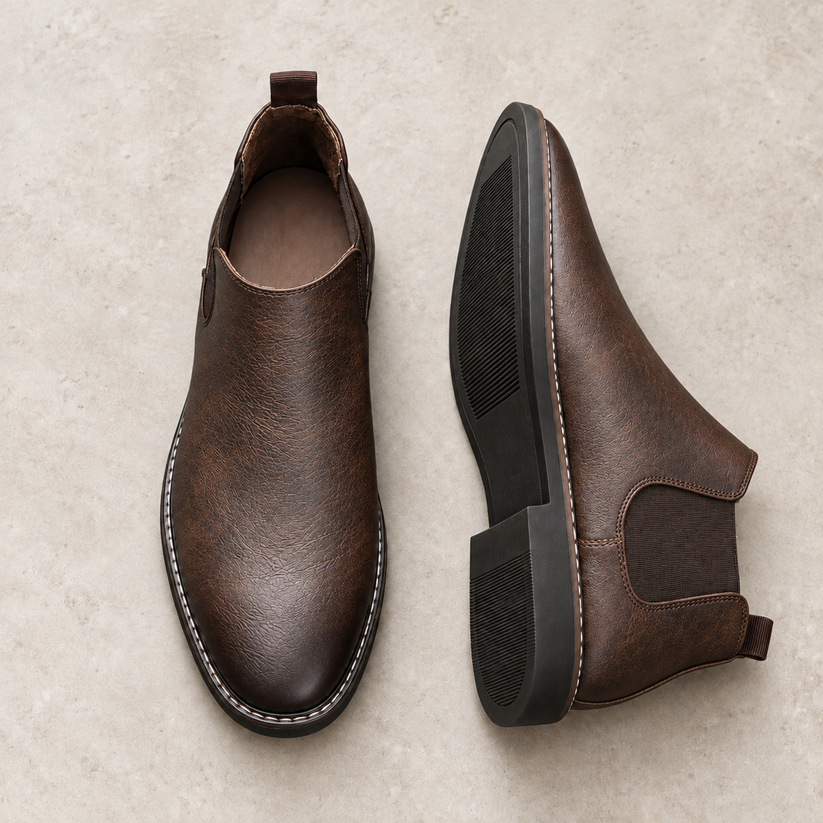 Alpine Ridge Oakridge Coffee Brown footwear on warm limestone, paired with side and outsole visible