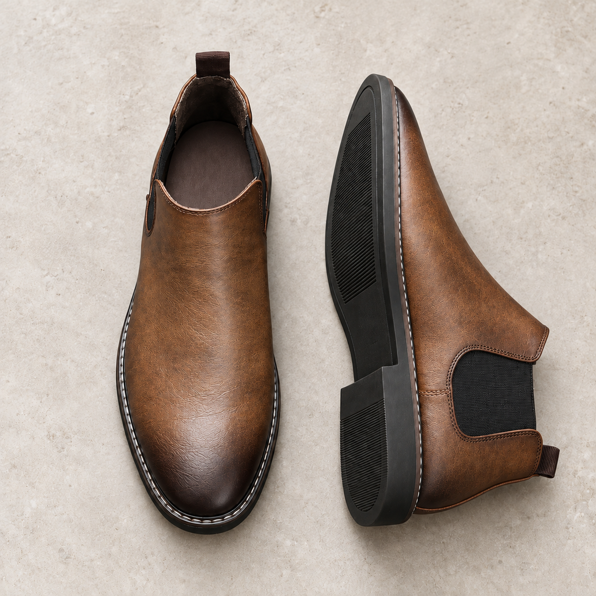 Alpine Ridge Oakridge Dark brown footwear on warm limestone, paired with side and outsole visible