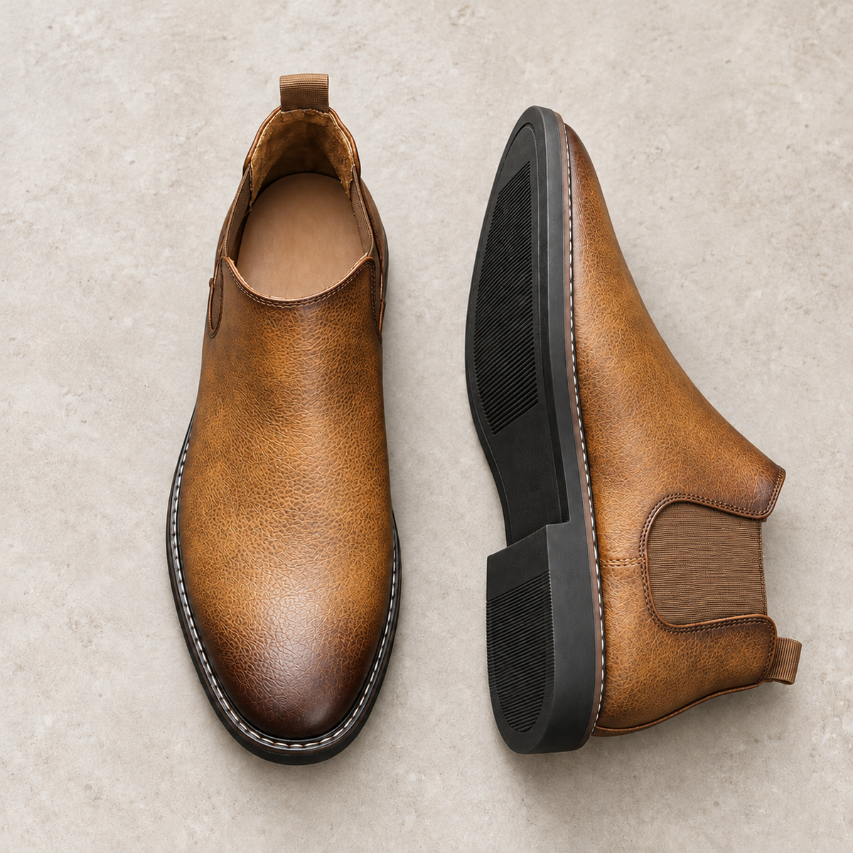 Alpine Ridge Oakridge Light brown footwear on warm limestone, paired with side and outsole visible