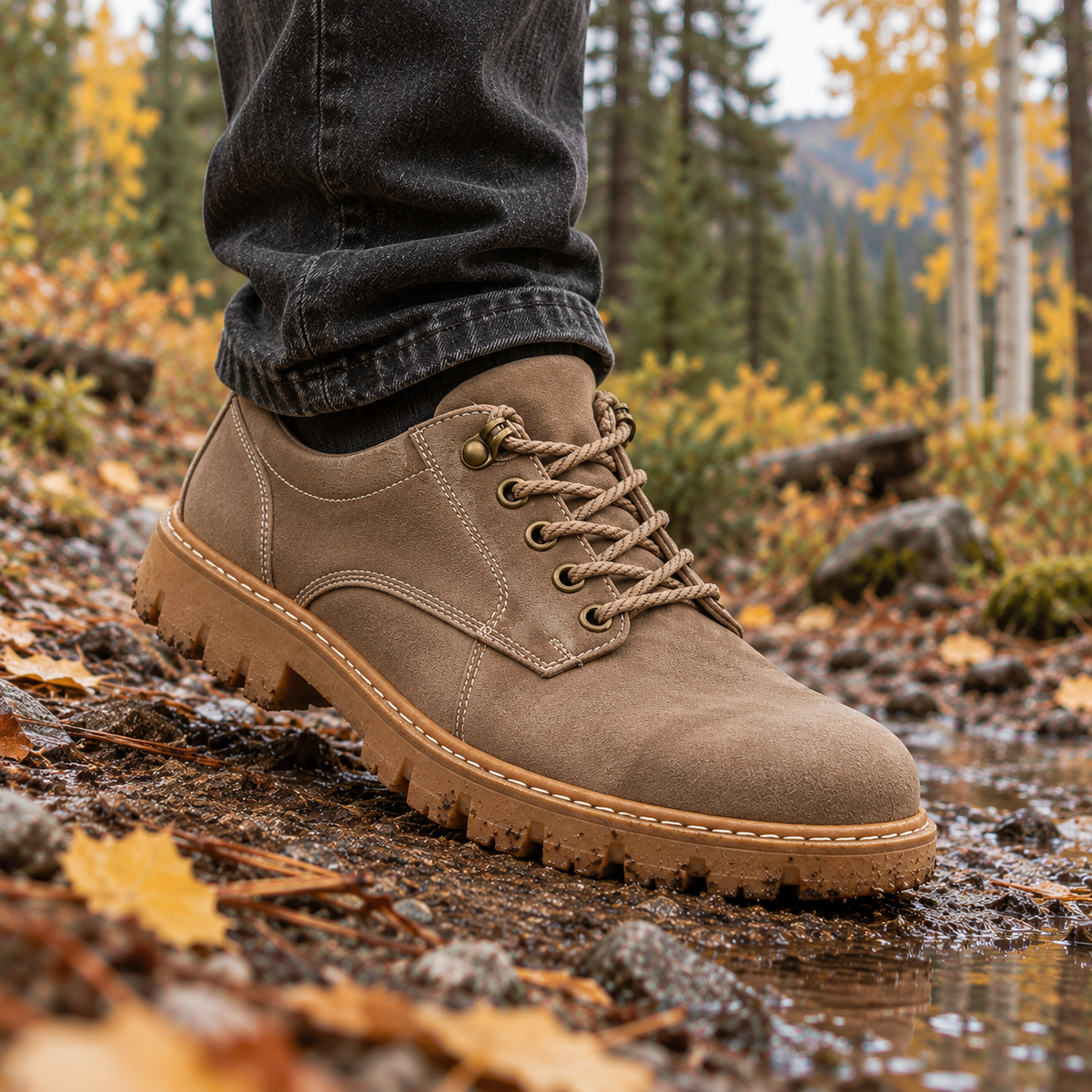 Ridgeway Classic Low Boots worn on a damp woodland path in autumn.