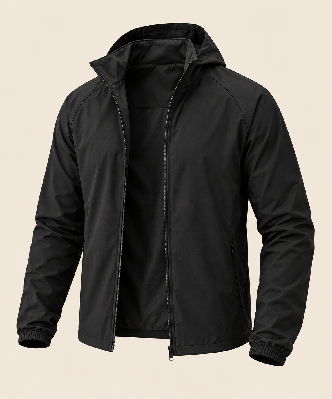 Black lightweight hooded running jacket on a warm beige background