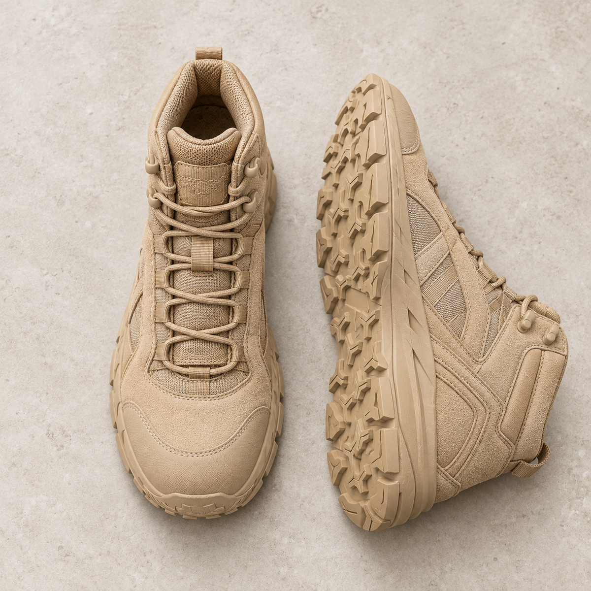 A pair of sand colored combat boots on pale limestone, showing the upper and sole.