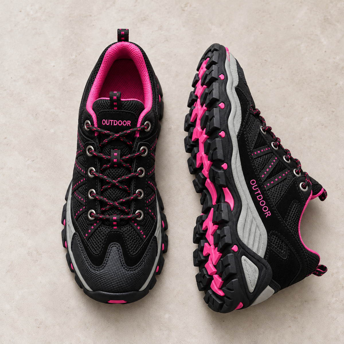 Alpine Ridge Summit Black Rose Red shoes on warm limestone, paired with side and outsole visible