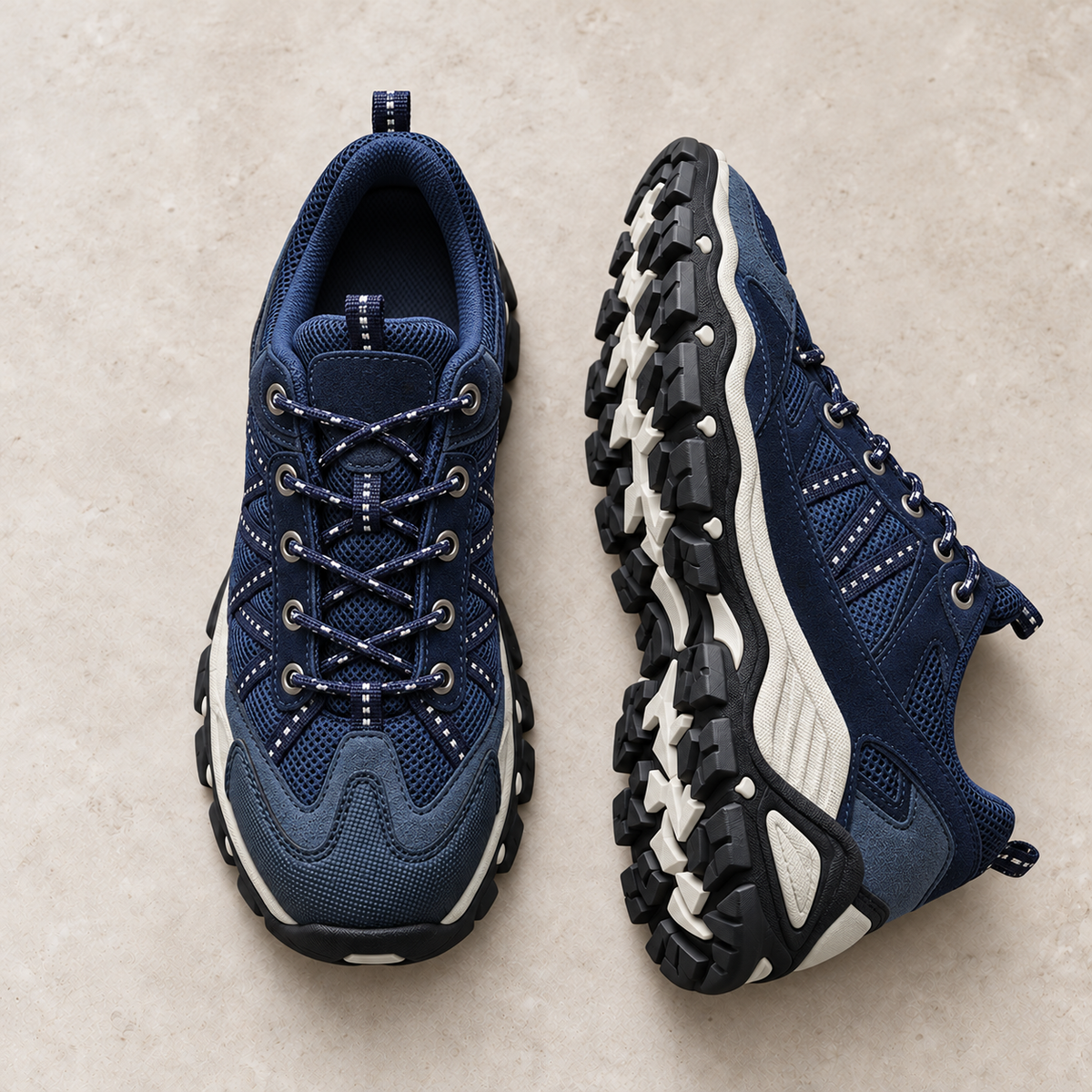 Alpine Ridge Summit Dark blue shoes on warm limestone, paired with side and outsole visible