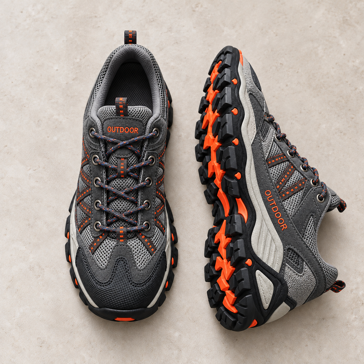 Alpine Ridge Summit Dark gray Orange shoes on warm limestone, paired with side and outsole visible