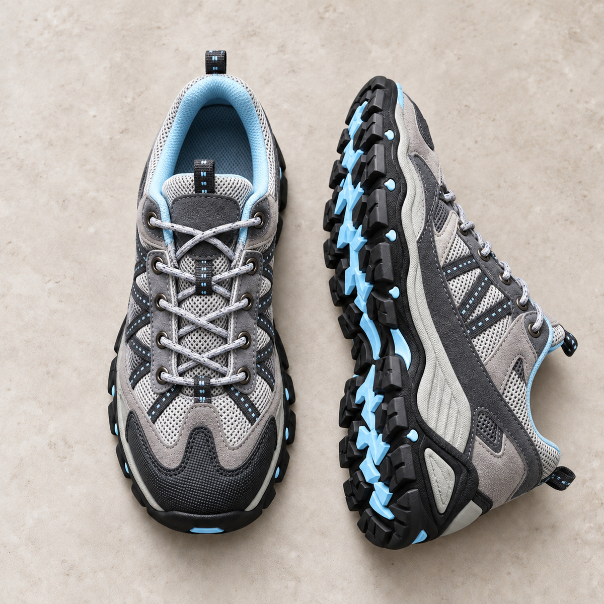 Alpine Ridge Summit Gray Moon shoes on warm limestone, paired with side and outsole visible