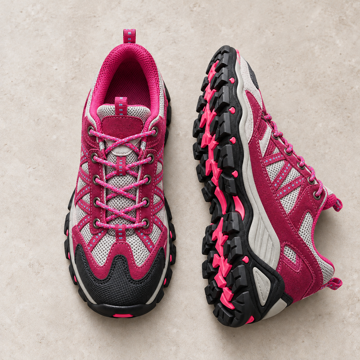 Alpine Ridge Summit rose month shoes on warm limestone, paired with side and outsole visible