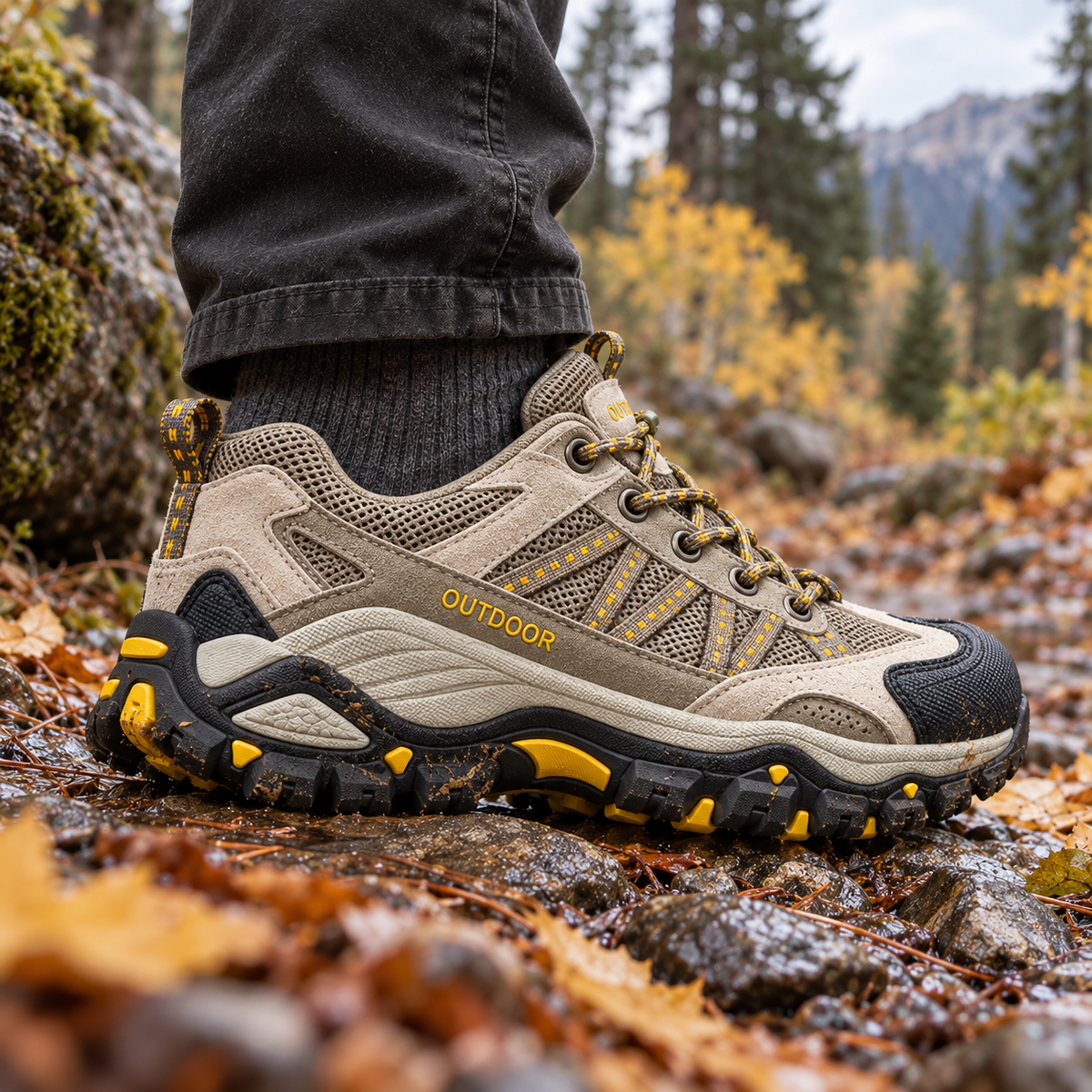 Summit Unisex Hiking Shoes worn outdoors in an autumn landscape.