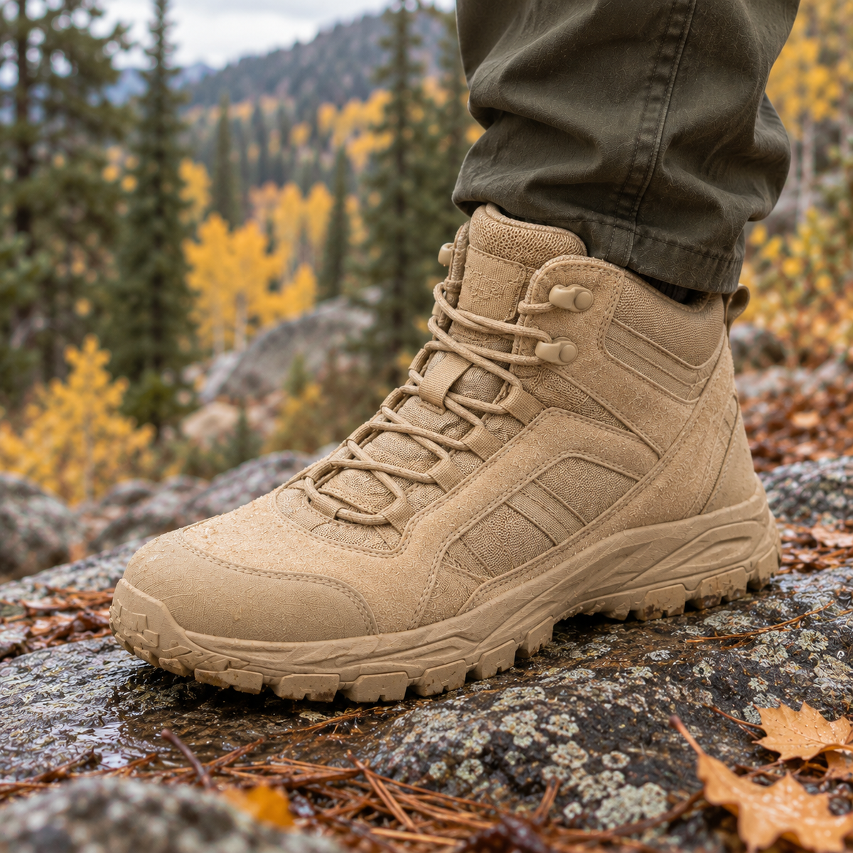 Timberline Rugged Combat Boots worn outdoors in an autumn landscape.