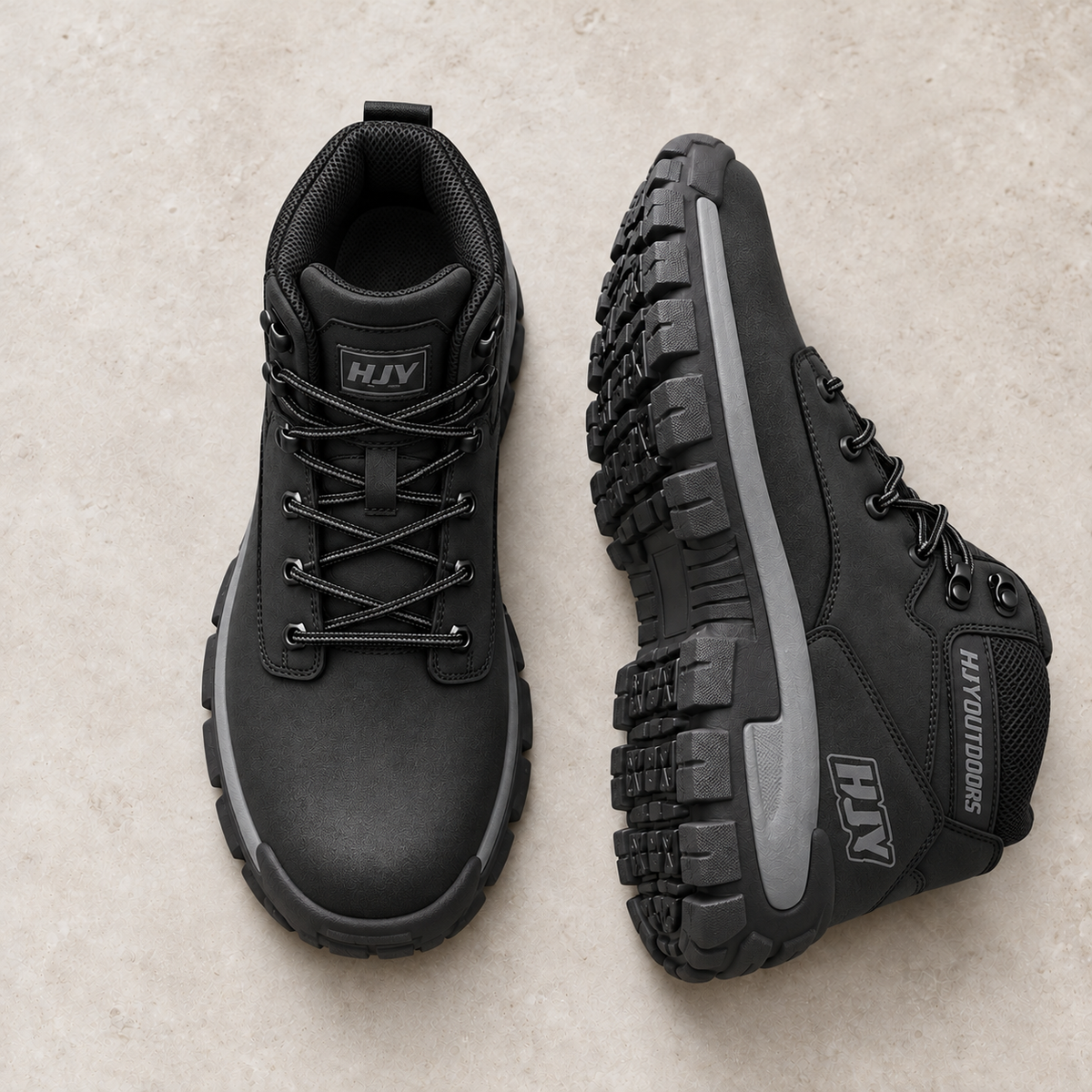 Alpine Ridge Trailcrest Black footwear on warm limestone, paired with side and outsole visible
