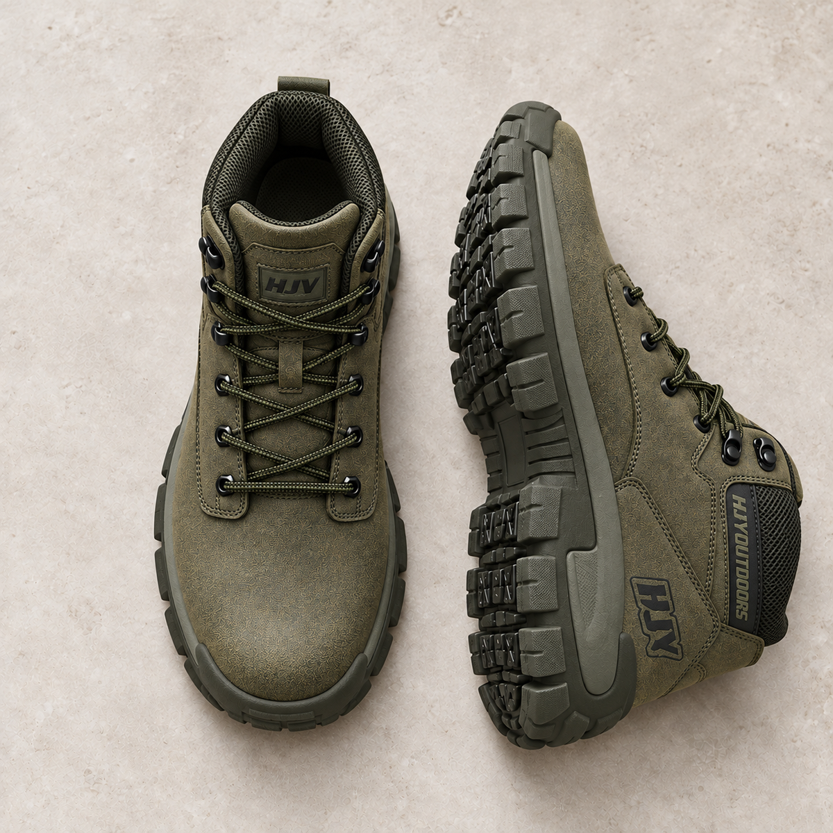 Alpine Ridge Trailcrest Military green footwear on warm limestone, paired with side and outsole visible