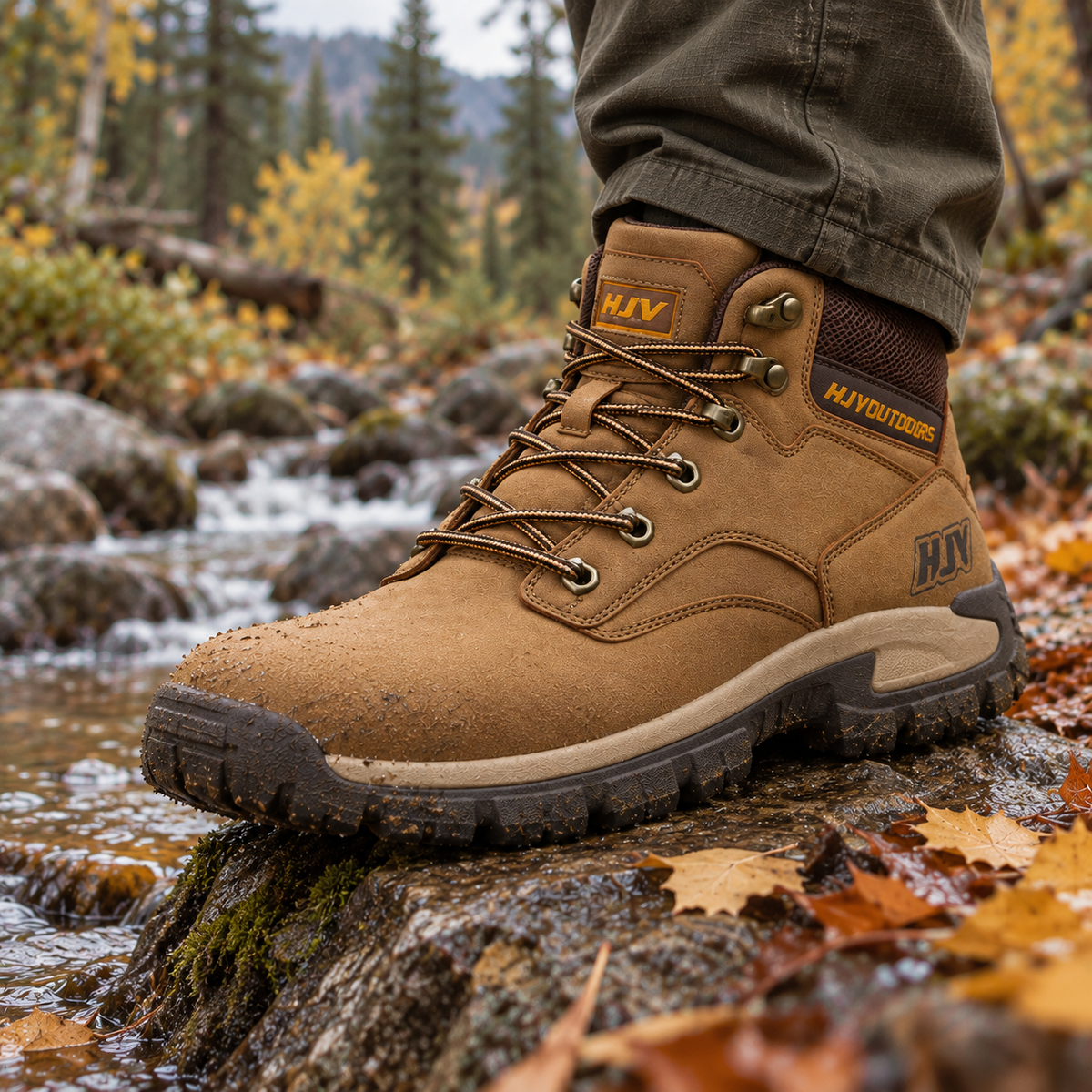 Trailcrest Outdoor Hiking Boots worn outdoors in an autumn landscape.