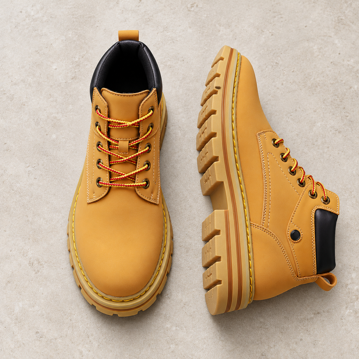 A pair of wheat colored leather ankle boots on pale limestone, showing the upper and sole.