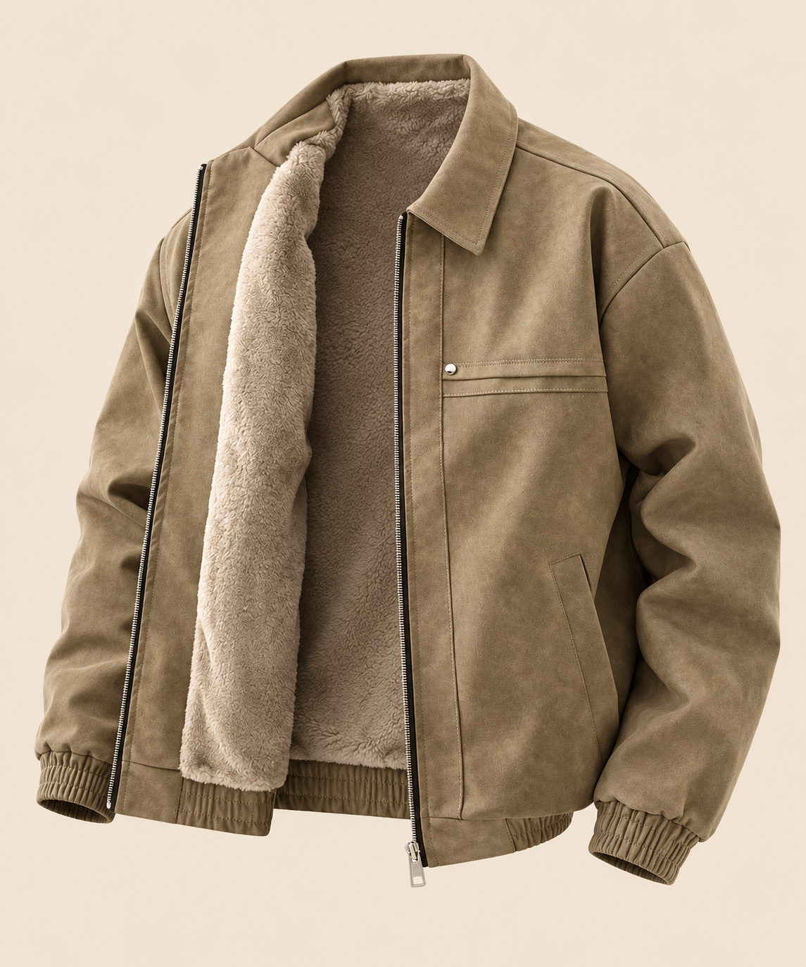 Ashford jacket in a freestanding product photograph on a warm beige studio background.