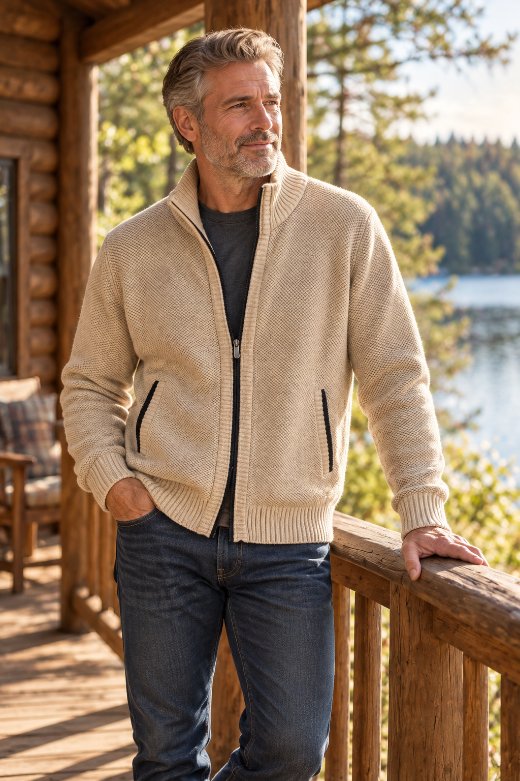Breckenridge jacket worn by a man around 55 in an American outdoor lifestyle setting.