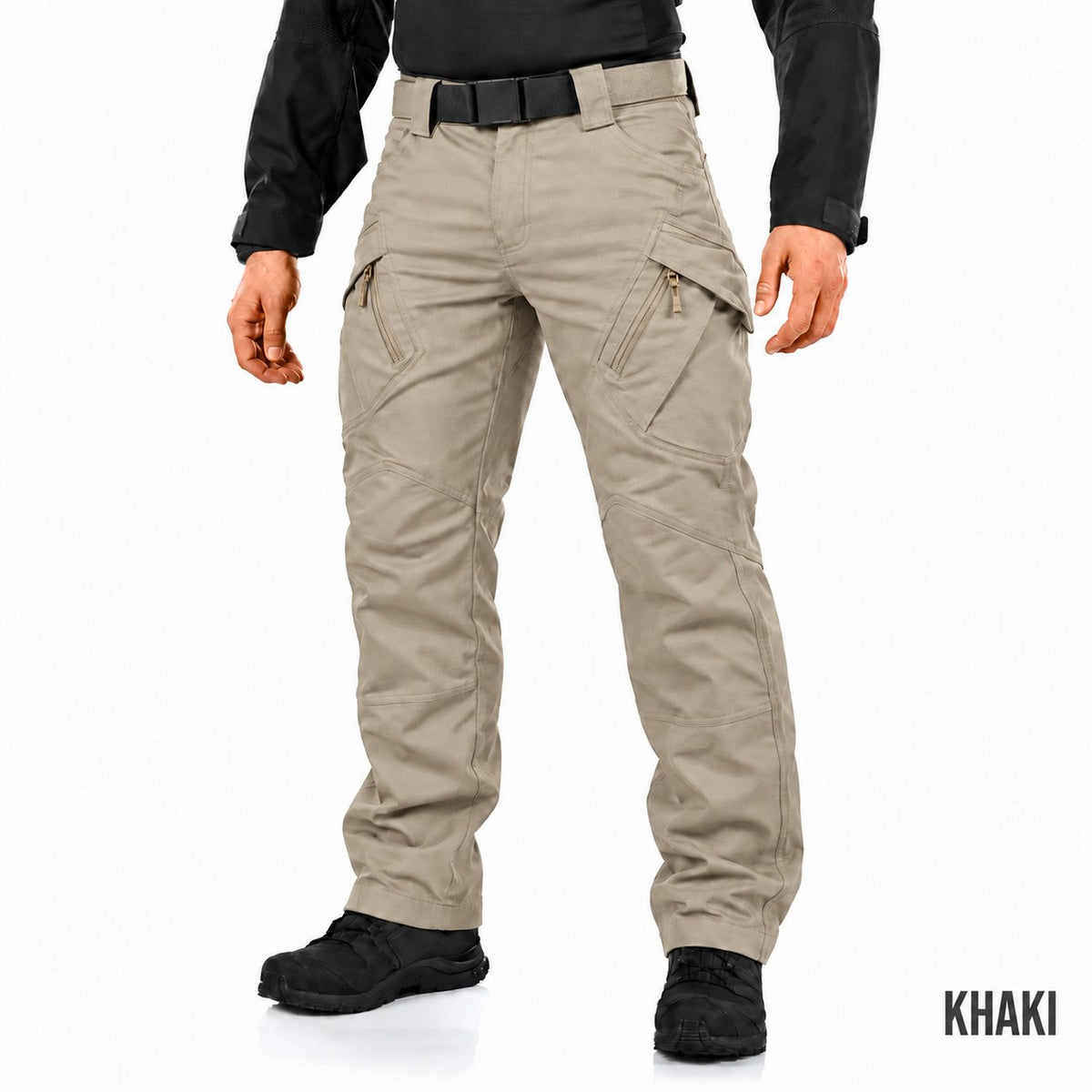 Ranger cargo pants in Khaki with KHAKI in Oswald at the bottom right on a white studio background.