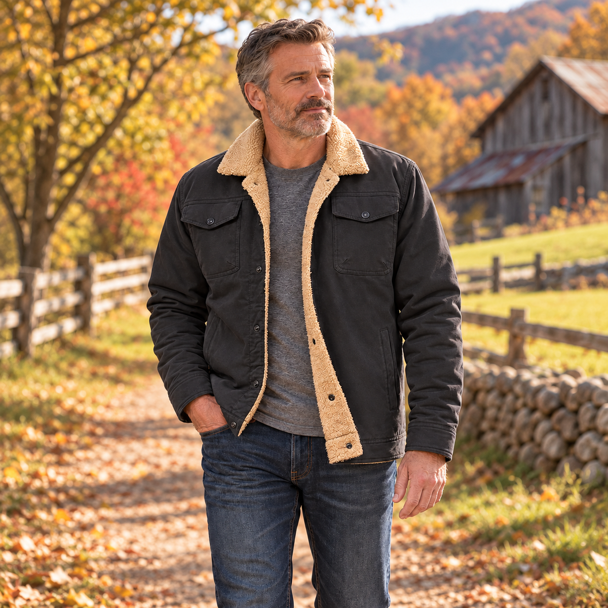 Carver jacket worn by a man around 55 in an American outdoor lifestyle setting.