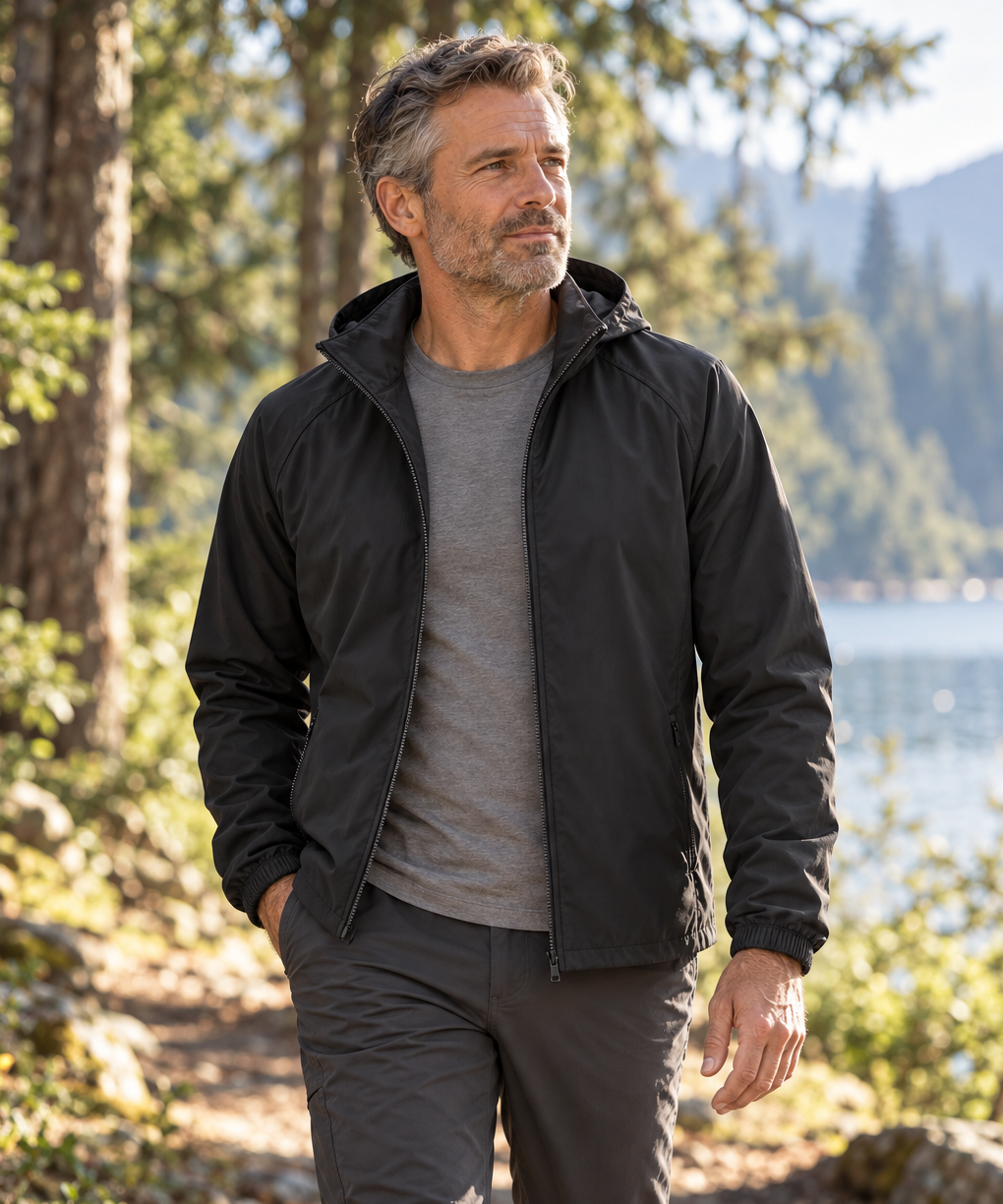 Clearwater black lightweight hooded jacket worn by a man around 55 on a wooded lakeside trail.