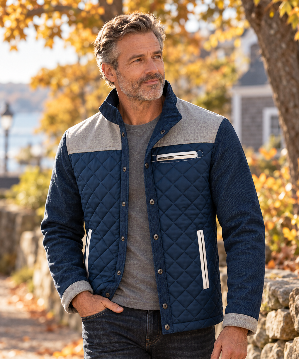 Crestwood jacket worn by a man around 55 in an American outdoor lifestyle setting.