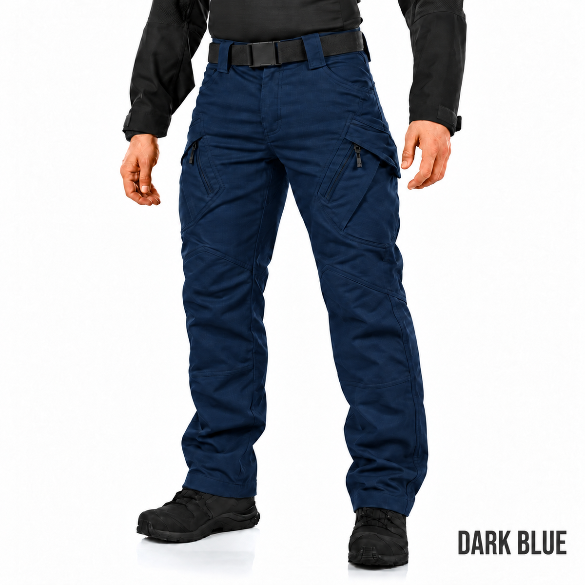 Ranger cargo pants in Dark Blue with DARK BLUE in Oswald at the bottom right on a white studio background.