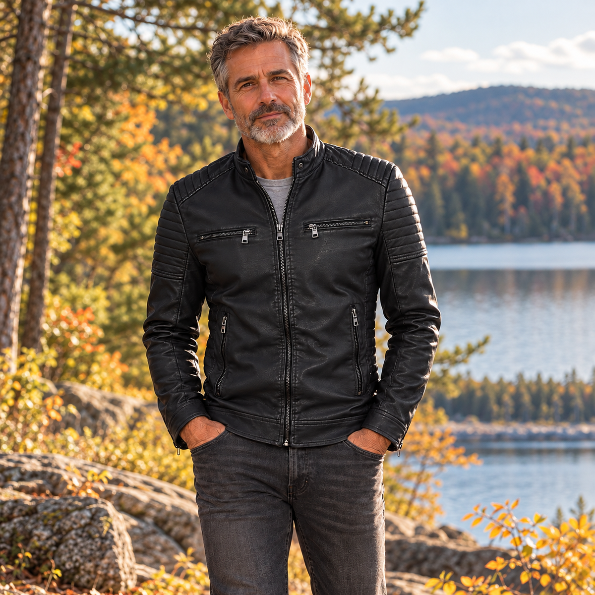 Drifter jacket worn by a man around 55 in an American outdoor lifestyle setting.