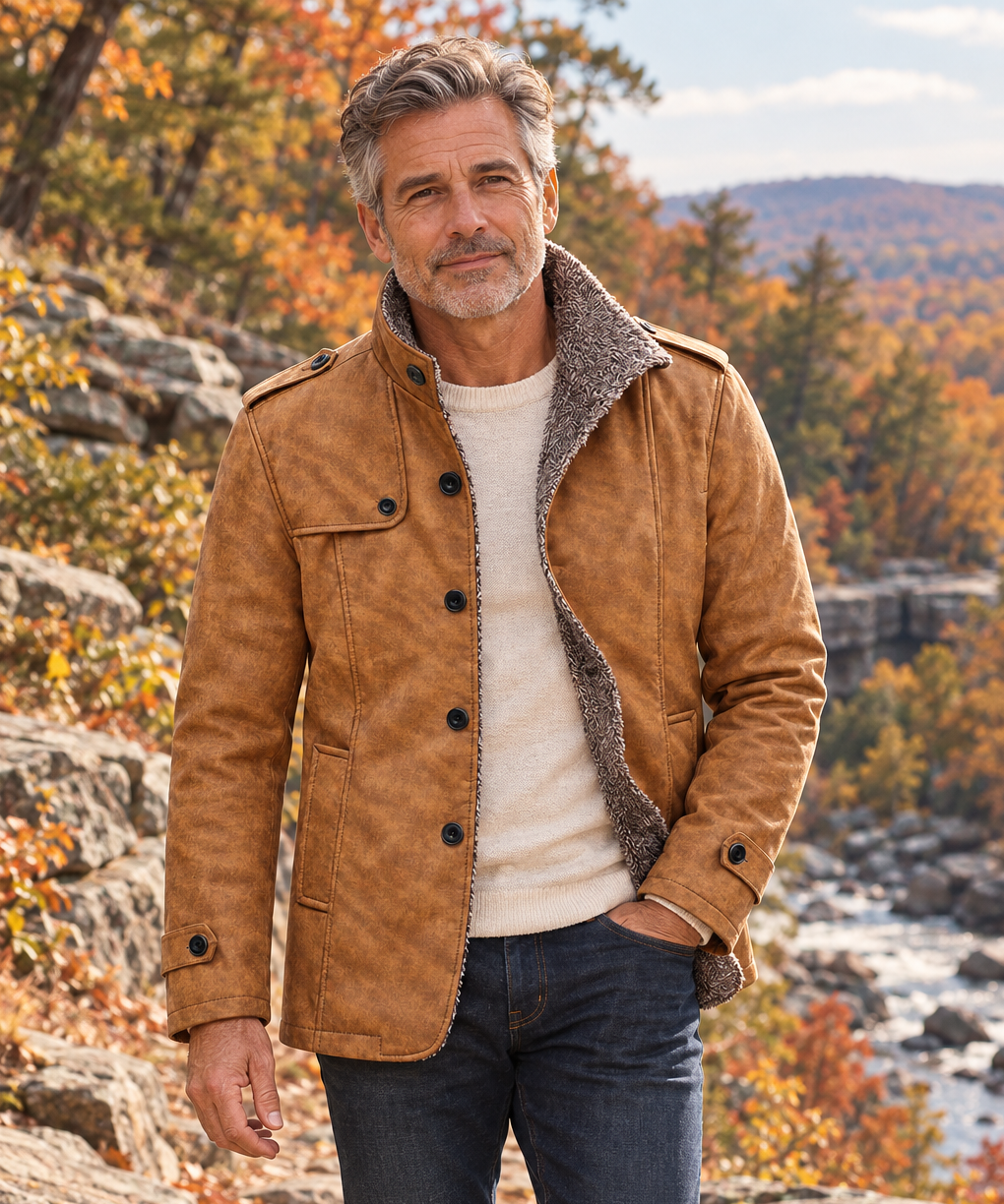 Eastwood jacket worn by a man around 55 in an American outdoor lifestyle setting.