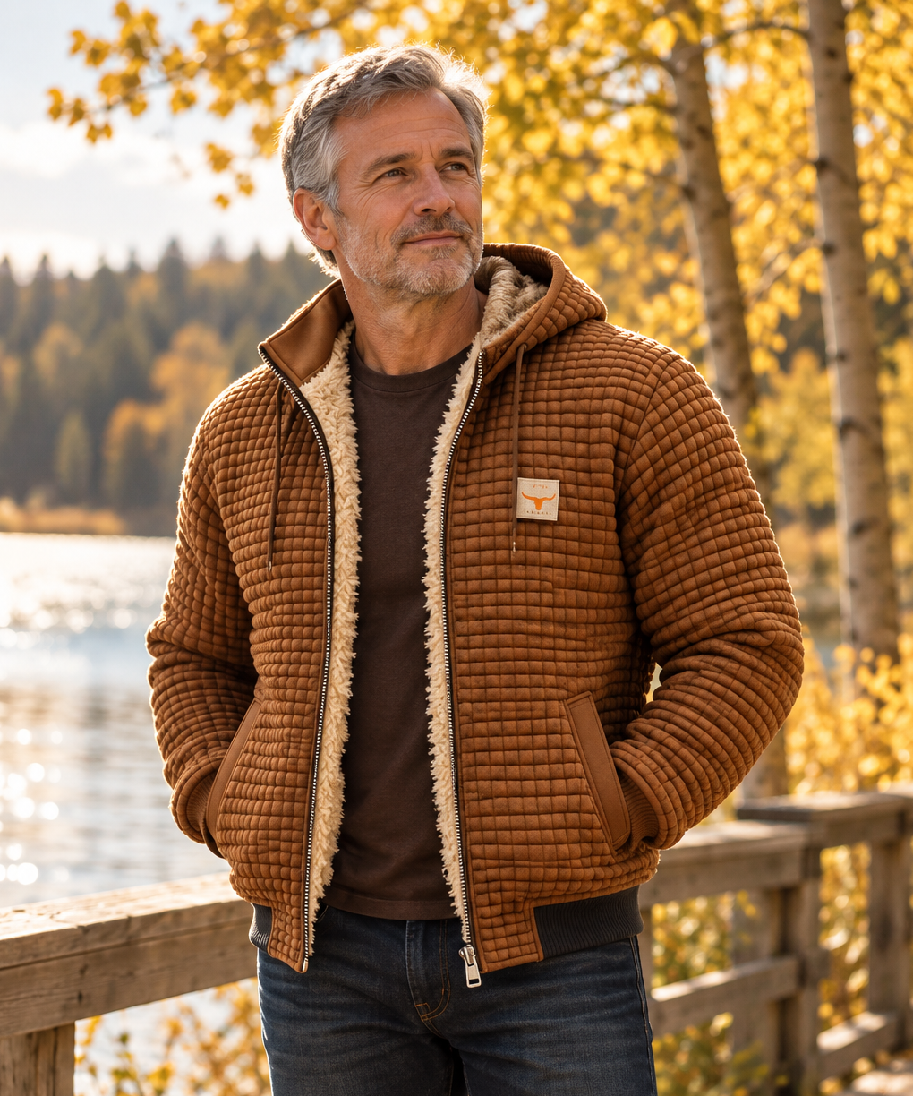 Evergreen jacket worn by a man around 55 in an American outdoor lifestyle setting.
