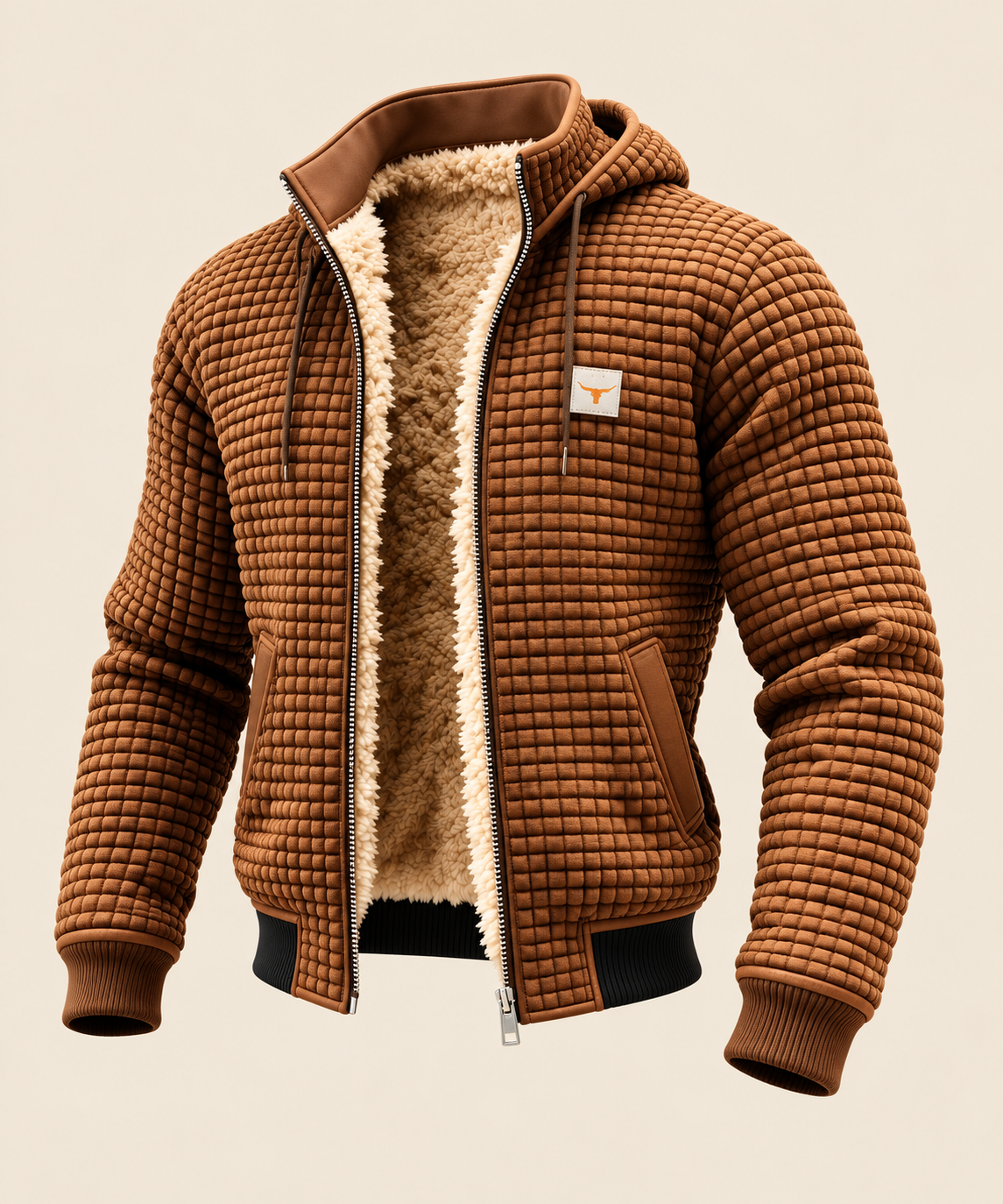 Evergreen jacket in a freestanding product photograph on a warm beige studio background.